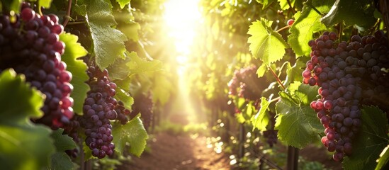 Wall Mural - Deserted vineyard with ripe purple grapes surrounded by green leaves and sunlight rays passing through.