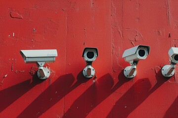 Poster - Surveillance cameras mounted on a red wall. Ideal for security and surveillance concepts