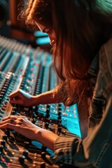 Poster - A woman is seen operating a sound board. This image can be used to depict sound engineering, music production, or live event audio management