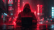 Cyberpunk hacker wallpaper. A person in a red hooded jacket is using a laptop in a heavy downpour, surrounded by the bright lights of a bustling cityscape at night.