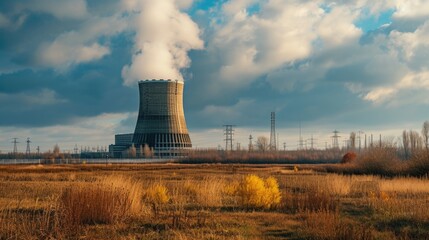 Poster - A nuclear power plant releasing steam into the sky. Suitable for industrial and energy-related projects