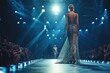 © Neda Asyasi - The back view of a woman wearing a luxurious evening gown is walking on stage. Beauty queen competition. Fashion show