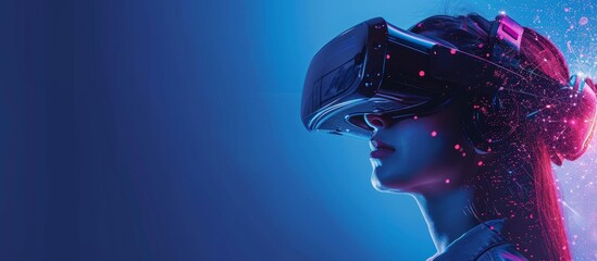 Poster - vr technology connects a woman with glasses and a headset to the digital virtual reality of the meta