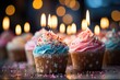 Delicious cupcake with a candle on a colorful background with space to insert text, generative IA