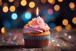 Delicious cupcake with a candle on a colorful background with space to insert text, generative IA