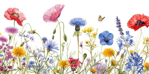 Poster - A vibrant painting capturing the beauty of a field filled with colorful wildflowers and a delicate butterfly. Perfect for adding a touch of nature to any space