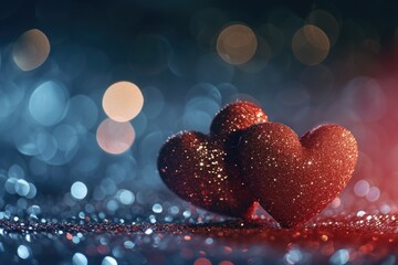 Poster - Two red hearts placed on a table. Suitable for Valentine's Day or love-themed designs