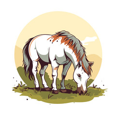 Sticker - Horse grazing on the meadow. Vector illustration in cartoon style.