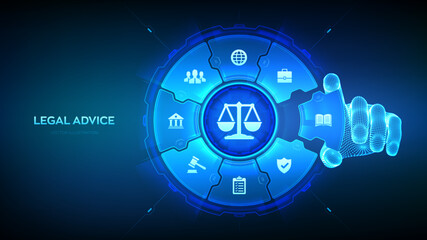 Wall Mural - Labor law, Lawyer, Attorney at law, Legal advice concept. Internet law services and cyberlaw. Wireframe hand places an element into a composition visualizing online lawyer advice. Vector illustration.