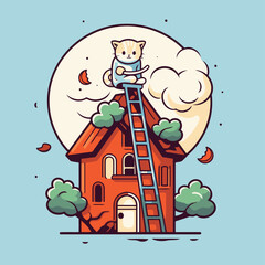 Sticker - Cat sitting on the roof of a house. Vector illustration in cartoon style.