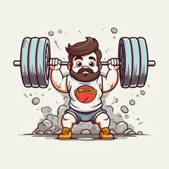 Poster - Cartoon fat man lifting a barbell. Vector cartoon illustration.