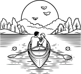 Wall Mural - cute little boy with dad in boat in the lake vector illustration design