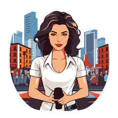 Wall Mural - Young woman holding a microphone on the city background. Vector illustration.