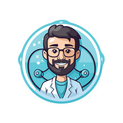 Poster - Vector illustration of a smiling doctor with beard and glasses in circle frame