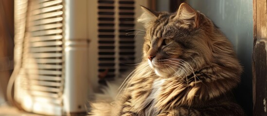 Canvas Print - A large, hairy domestic cat enjoys near a home ventilator during a European heatwave, highlighting global warming, extreme heat, and animal welfare.