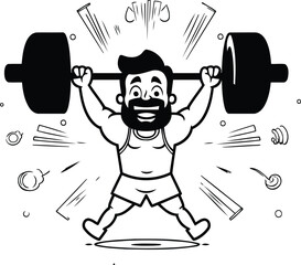 Poster - Fat man lifting barbell in the gym. Cartoon vector illustration.