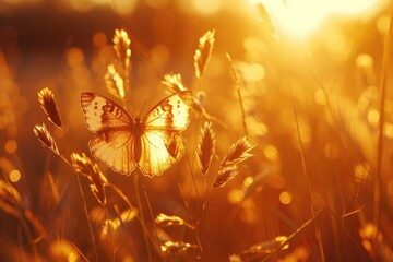 Poster - A butterfly perched on top of a lush green grass field. Perfect for nature enthusiasts and garden lovers