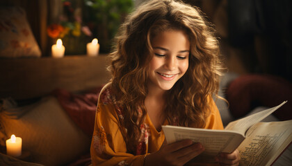 Young woman reading Bible, smiling, surrounded by serene candlelight generated by AI