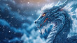 Banner with blue serious dragon with bokeh winter snow forest background. Chinese New Year decoration close up of dancing dragon on festive background