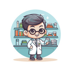 Poster - Cartoon doctor holding a bottle of medicine. Vector character illustration.