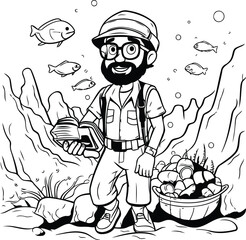 Poster - Fisherman with a bucket of fish. Black and white vector illustration.