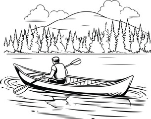 Wall Mural - Man in a canoe on a lake. Vector illustration in a linear style.