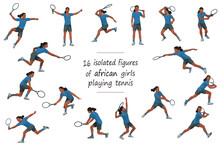 16 Girl Figures Of Black Women's Tennis Players In Blue Sports Equipment Throwing, Catching, Hitting The Ball, Standing, Jumping And Running