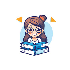 Sticker - Cute girl with glasses and books. Vector illustration in cartoon style.