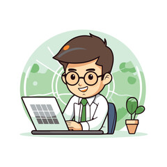 Canvas Print - Businessman working on laptop computer. Vector illustration in cartoon style.