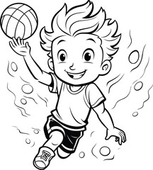 Sticker - Boy Playing Volleyball - Black and White Cartoon Illustration. Vector