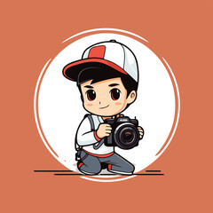 Sticker - Cute little boy with camera. Vector illustration in cartoon style.