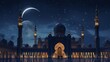background of the mosque under the night sky with stars and crescent