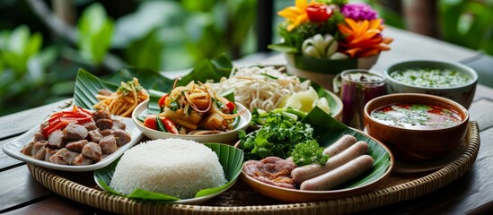 Wall Mural - The Kantoke Dinner, a traditional Thai food set, includes herb sausage, pork soup, tomato paste, boiled vegetables, sticky rice, green chili paste, and mixed herb pork salad.