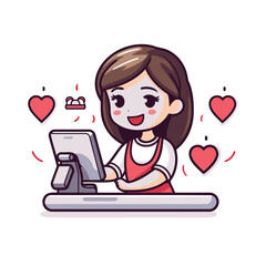 Sticker - Cute girl with laptop and hearts. Vector illustration in cartoon style.