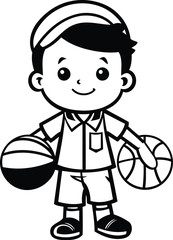 Sticker - Cute little boy playing basketball. Black and white vector illustration.