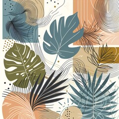 Wall Mural - Seamless pattern with Tropical Plant leaves. Trend seamless tropical pattern with bright green and yellow plants and leaves on a white background. Beautiful print with hand drawn exotic plants. 