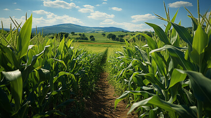 Wall Mural - Green corn plants on a field under a bright blue sky.