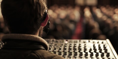 Aufkleber - A man wearing headphones is focused on a sound board, adjusting the controls. This image can be used to depict audio engineering, music production, or sound mixing