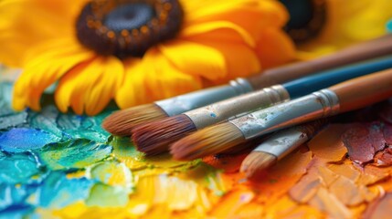 Poster - A close up view of various paint brushes on a vibrant and colorful surface. Ideal for artistic projects and creative designs