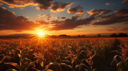 Wall Mural - A beautiful expansive view of a cornfield at sunset.