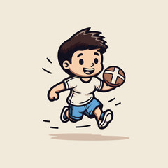 Sticker - Cute boy running with rugby ball cartoon vector illustration graphic design.