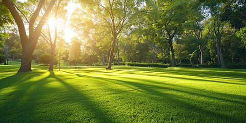 Wall Mural - Lush green lawn and trees in morning light at Horsham Botanic Gardens, VIC, Australia. Ample room for text.