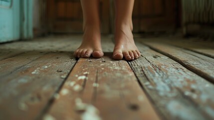 Poster - Close-up view of a person's feet on a wooden floor. Versatile image suitable for various concepts and themes