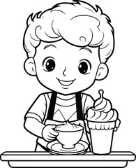 Poster - Black and White Cartoon Illustration of Cute Little Boy Holding a Cup of Coffee or Tea for Coloring Book