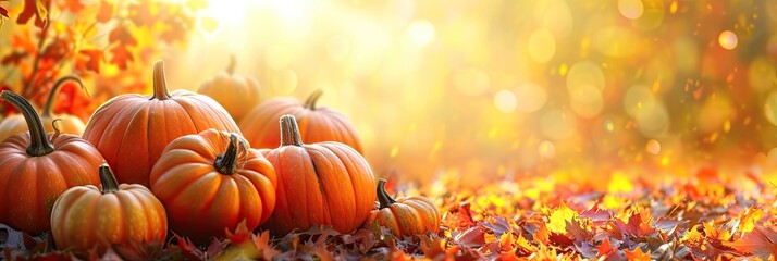 Autumn Halloween pumpkins. Orange pumpkins over bright autumnal nature background