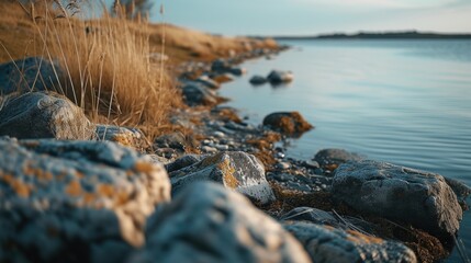 Aufkleber - A tranquil scene featuring a body of water surrounded by rocks and lush green grass. Perfect for nature and landscape themes
