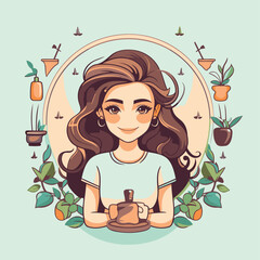 Sticker - Beautiful girl with a cup of tea. Vector illustration in cartoon style.