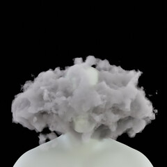 Poster - Abstract head with a hole, featuring clouds, symbolizing a blend of the human mind and ethereal elements...
