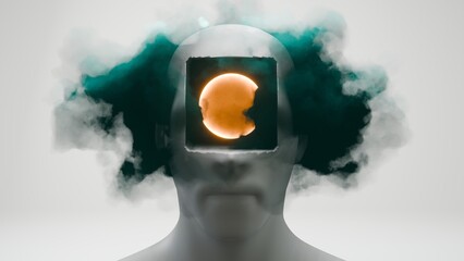 Poster - Abstract head with a hole, featuring clouds, symbolizing a blend of the human mind and ethereal elements...