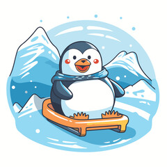 Sticker - Cute penguin on a sled. Vector illustration in cartoon style.